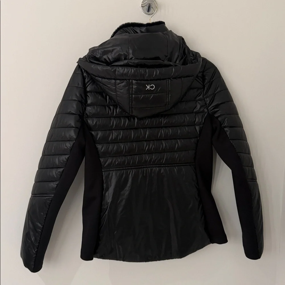 Calvin Klein Performance Women Black Hooded Puffer‎ Jacket Faux Fur Trim Zip